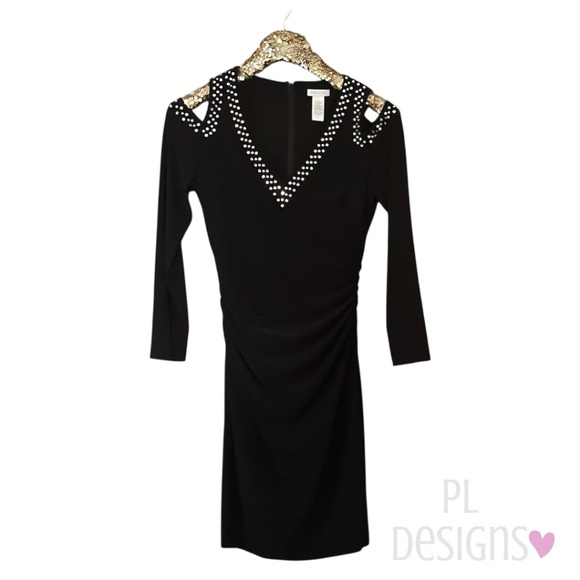 Cache Ruched Embellished Black Dress - Picture 1 of 8